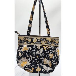Vera Bradley Floral Quilted Tote Bag Black & Yellow Pattern Double Strap Zip Clo